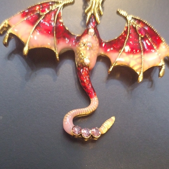 Dragon Pendant Necklace with Red, Pink and Gold Accents - Picture 8 of 9